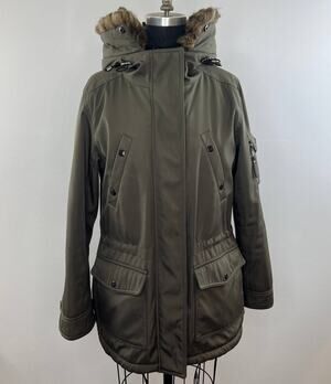 S13/NYC Olive Green Faux Fur Trim Long Sleeve Zip Front Hooded Coat Size S Small